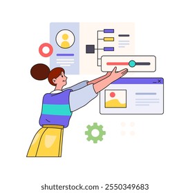 Woman CEO developer making data analysis research, flat cartoon vector. Financial administrator investigate sales, database and chart graphs. Girl remote employee, freelancer develops app