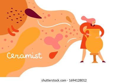Woman ceramist is standing near clay vase, with abstract composition on background. Female potter character creates a pot. Banner with simple organic composition and optimistic mood.