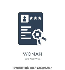 woman certification icon vector on white background, woman certification trendy filled icons from Seo and web collection, woman certification vector illustration