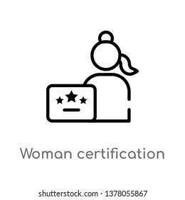 woman certification vector line icon. Simple element illustration. woman certification outline icon from seo and web concept. Can be used for web and mobile