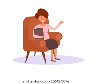 Woman in chair with  folder in hands.  Vector. Cartoon. Isolated art on white background. Flat