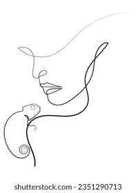 Woman with Chameleon in One Line Art Drawing
