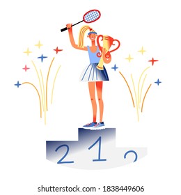 Woman champion standing on winner podium. Young girl wins competition in badminton game vector illustration. Happy sportswoman with racket and goblet standing on pedestal.