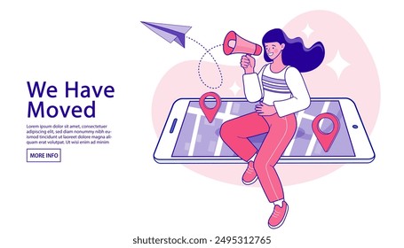 Mujer cambio de Dirección en el teléfono inteligente. Nos hemos mudado. nuevo concepto de ubicación. Mapa en la mano de la joven mujer de negocios dentro de la pantalla del teléfono inteligente. Ilustración vectorial.