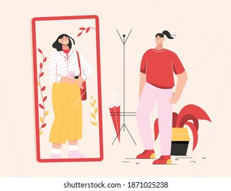 Woman changes clothes standing in front of mirror in dressing room. Young girl in comfortable suit choosing new smart outfit, clothing style. Apparel for home and work. Vector character illustration