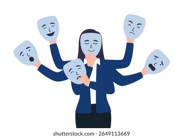 Woman changes different emotions concept. Mood emotion mask.