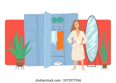 Woman changes into a bathrobe near lockers in the dressing room. Spa, beauty salon, massage preparation. Mirror and plants in the interior of the dressing room. Vector bright cartoon illustration