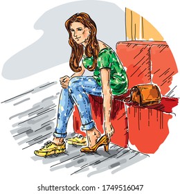 Woman changes shoes. Comfortable shoes. Lifestyle. Cartoon funny characters. Vector hand drawn illustration. Card
