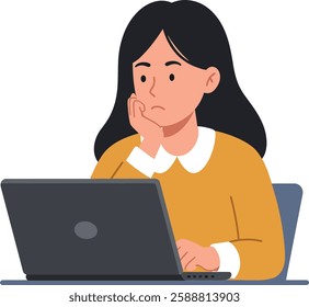 The woman changes from thoughtful to focused while working.