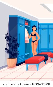 Woman Changing Clothes In Locker Room Scene. Dressing For Fitness And Sport Exercise In Gym Vector Illustration. Young Girl In Private Room With Lockers And Bench.