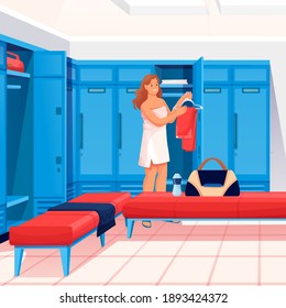 Woman Changing Clothes In Locker Room Scene. Dressing For Fitness And Sport Exercise In Gym Vector Illustration. Young Girl With Bag In Private Room With Lockers, Benches.