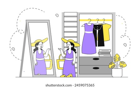 Woman changing clothes simple. Young girl in violet dress stands near mirror and look at reflection. Trendy and fashionable clothes and aparel in wardrobe. Doodle flat vector illustration