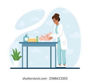 Woman changing diaper of infant on table. Doctor pediatrician examines newborn baby. Physician appointment in hospital office. Midwife gives baby massage. Little child healthcare. Vector illustration.