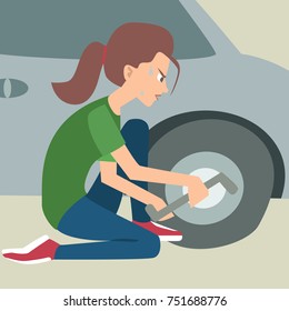 woman changing a flat tire vector cartoon
