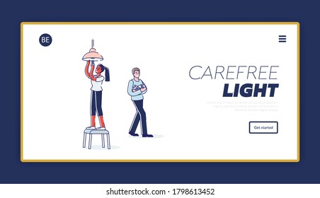 Woman changing light bulb at home standing on stool. Landing page with female fixing lightning. Cartoon girl installing new light bulb in chandelier. Linear vector illustration