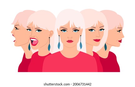 Woman changing mood. Smiling calm screaming women faces, happy satisfied rage hysterical disorder aggressive expressions on beauty female face vector illustration