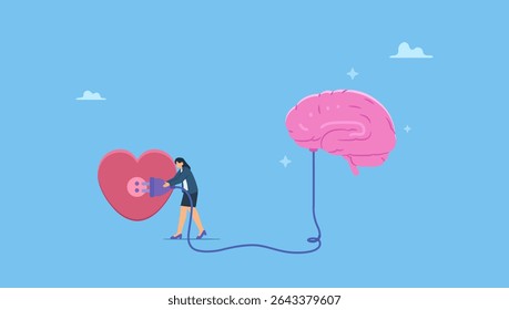 A woman char connect logical thinking brain with heart feeling. Emotional Intelligence, EI or control feeling and emotion with logical thinking brain, empathy or social skill, self control or balance.