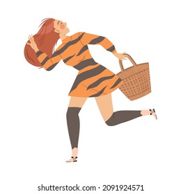Woman Character Afraid of Something Feeling Scared and Terrified Running Away Vector Illustration