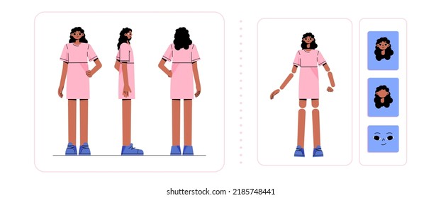 Carácter femenino para la animación, lateral, trasero, vista frontal y emociones faciales. Constructor corporal de chica joven. Personaje femenino de dibujos animados con piel oscura y cabello negro vestido rosa, juego de vectores planos de arte de línea