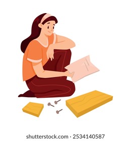 Personagem de mulher montar móveis como DIY casa reparação trabalho vetor ilustração