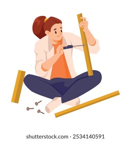 Woman Character Assemble Furniture with Screwdriver as DIY Home Repair Work Vector Illustration