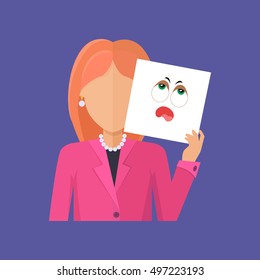 Woman character avatar vector. Flat style. Red-head female portrait with vapidity, sadness, fatigue, boredom, tediousness, emotional mask. Illustration for identity in Internet, mood concept, app icon