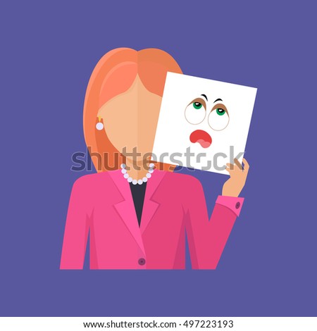 Woman character avatar vector. Flat style. Red-head female portrait with vapidity, sadness, fatigue, boredom, tediousness, emotional mask. Illustration for identity in Internet, mood concept, app icon