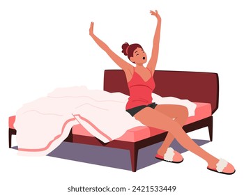 Woman Character Awakens Gracefully, Extending Her Arms And Legs In A Morning Stretch On Her Bed, Embracing The Dawn With A Serene And Rejuvenating Start To The Day. Cartoon People Vector Illustration