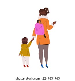 Woman Character with Backpack in Coat Standing Back View Holding Kid by Hand Vector Illustration