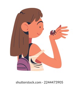 Woman Character with Backpack Studying Nature Exploring Crawling on Her Hand Ladybug Vector Illustration