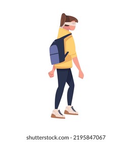 Woman Character with Backpack Wearing Blindfold Following Someone Trusting and Having Faith in Something Vector Illustration
