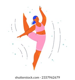 Woman character in a balancing ballet pose. Flat colorful people vector illustration. 