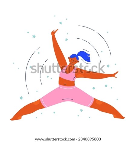 Woman character in a balancing dancing pose doing a split. Flat colorful people vector illustration.