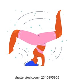 Carácter de mujer en una pose de equilibrio sobre su cabeza. Ilustración vectorial de personas de color plano.