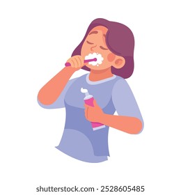 Woman Character in Bathroom Brushing Teeth Enjoy Morning Routine Vector Illustration