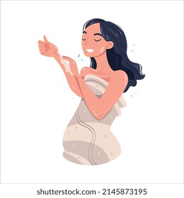 Woman Character In Bathroom Doing Hygiene Procedure Applying Cream on Skin Vector Illustration