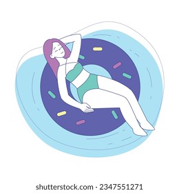 Woman Character at Beach Sunbathing Floating on Rubber Ring in Pool Vector Illustration