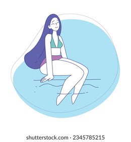 Woman Character at Beach Sunbathing Sitting Splashing in Pool Water Vector Illustration
