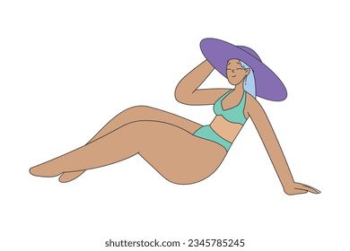 Woman Character at Beach Sunbathing Sitting in Purple Wide Brimmed Hat Vector Illustration