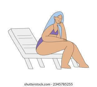 Woman Character at Beach Sunbathing Sitting on Deck Chair Vector Illustration