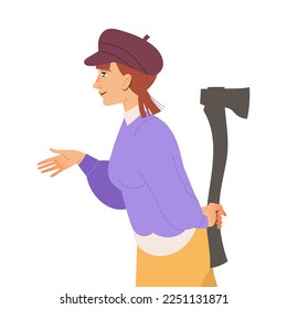 Woman Character in Beret Handshaking Hiding Axe Behind Having Connections with Somebody in Social Interaction Vector Illustration