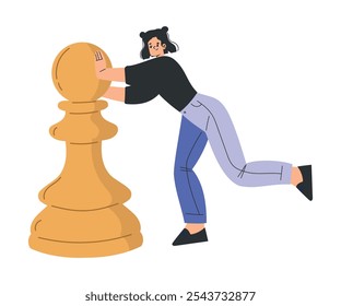 Woman Character with Big Chess Pawn Piece Vector Illustration