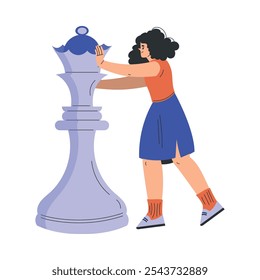 Woman Character with Big Chess Queen Piece Vector Illustration