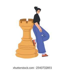 Personaje de la mujer con la Ilustración vectorial grande de la pieza de la torre del ajedrez