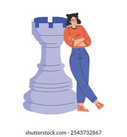 Personaje de la mujer con la Ilustración vectorial grande de la pieza de la torre del ajedrez