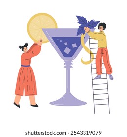 Woman Character with Big Cocktail Glass on Ladder Add Lemon and Mint Vector Illustration