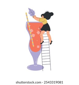 Woman Character with Big Cocktail Glass on Ladder Add Mint Vector Illustration