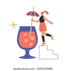 Woman Character with Big Cocktail Glass on Ladder Vector Illustration