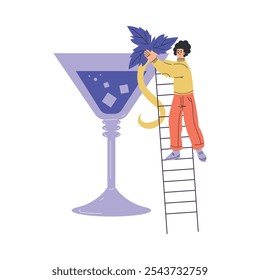 Woman Character with Big Cocktail Glass on Ladder Add Mint Vector Illustration