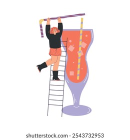 Woman Character with Big Cocktail Glass on Ladder Add Straw Vector Illustration